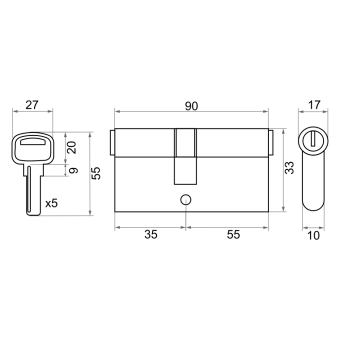 Механизм цилиндровый Trodos ЦМП 90(35/55) сплав ЦАМ 5 ключей, хром