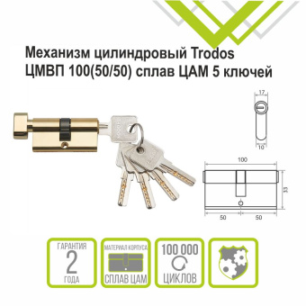Механизм цилиндровый Trodos ЦМВП 100(50/50) сплав ЦАМ 5 ключей, золото