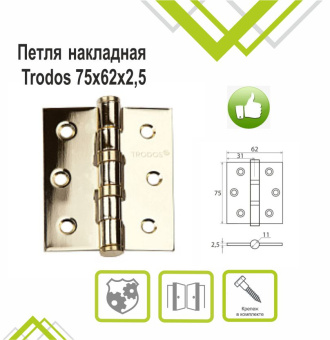 Петля накладная Trodos 75х62х2,5 GP золото