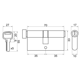 Механизм цилиндровый Trodos ЦМВП 70(35/35) сплав ЦАМ 5 ключей, хром