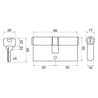 Механизм цилиндровый Trodos ЦМ 60(30/30) сплав ЦАМ 5 ключей, золото