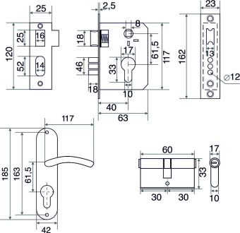 Замок врезной Trodos 61/106-ЦМ 3R с ручкой, никель