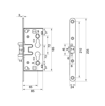 Замок врезной Trodos 1739 противопожарный цилиндровый с защелкой без ручки, хром