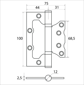 Петля накладная Trodos 100х75х2,5 CP без врезки, хром, флоупак