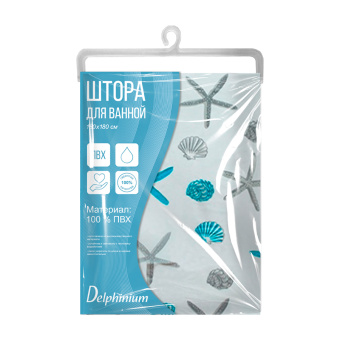 Штора для ванной Delphinium "Ракушки" ПВХ 180х180см, 12 колец, голубой
