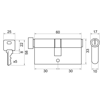 Механизм цилиндровый Trodos ЦМВ 60(30/30) латунь 5 ключей, хром, блистер