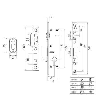 Замок врезной Trodos 155-30 узкопрофильный цилиндровый с защелкой без ручки, хром