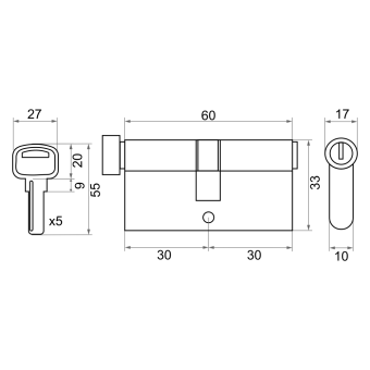 Механизм цилиндровый Trodos ЦМВП 60(30/30) сплав ЦАМ 5 ключей, хром